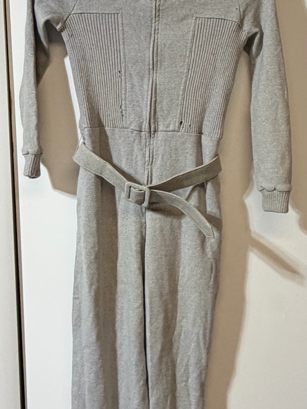 Vintage 70s Chateau Light Gray Ribbed Knit Jumpsuit with Self-Tie Belt